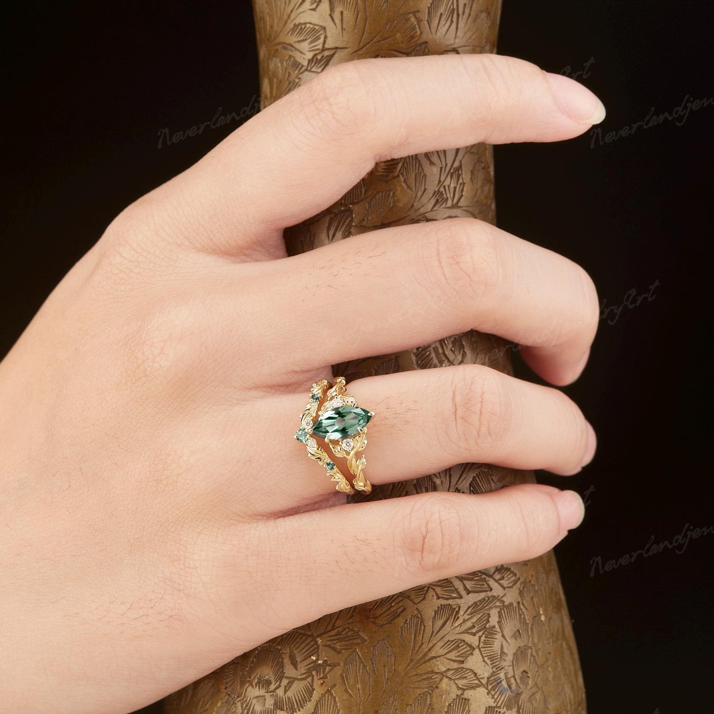 Azalea — Set Nupcial Diamante de Laboratorio Verde Marquise 1 ct Oro 14K