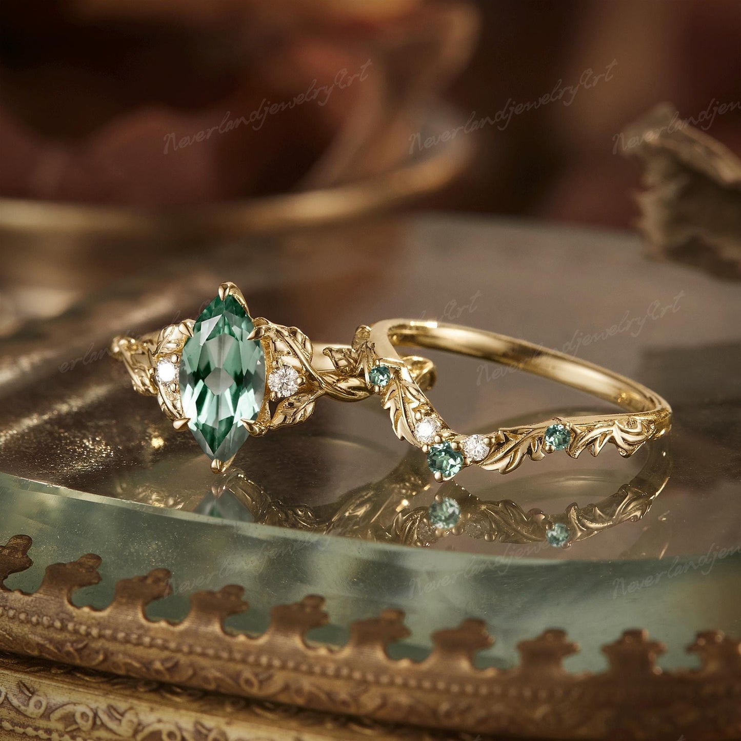 Azalea — Set Nupcial Diamante de Laboratorio Verde Marquise 1 ct Oro 14K