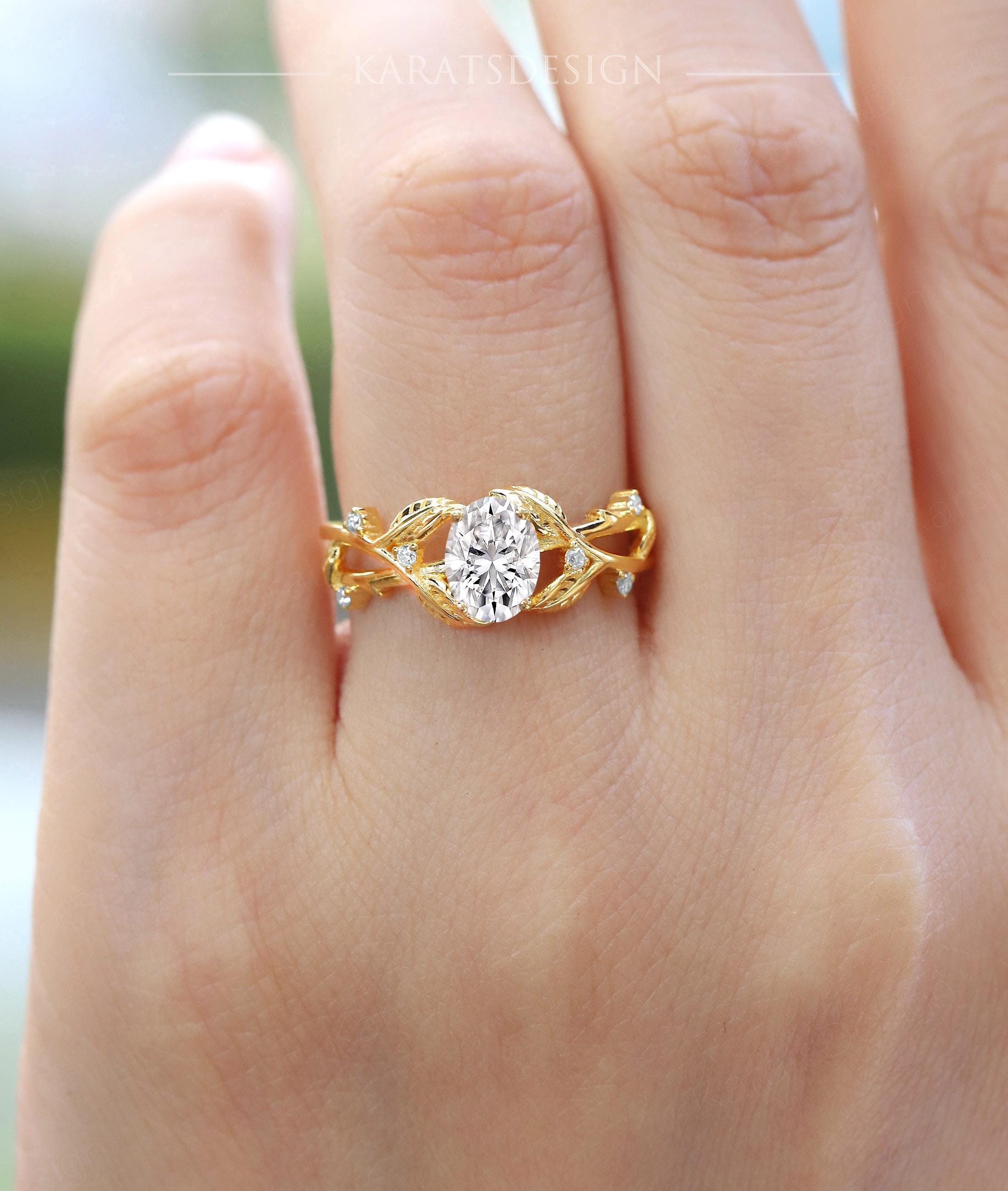Nymeria Anillo de Ramas Vintage Diseño de Vides con Diamante lab Oval  1 Quilate