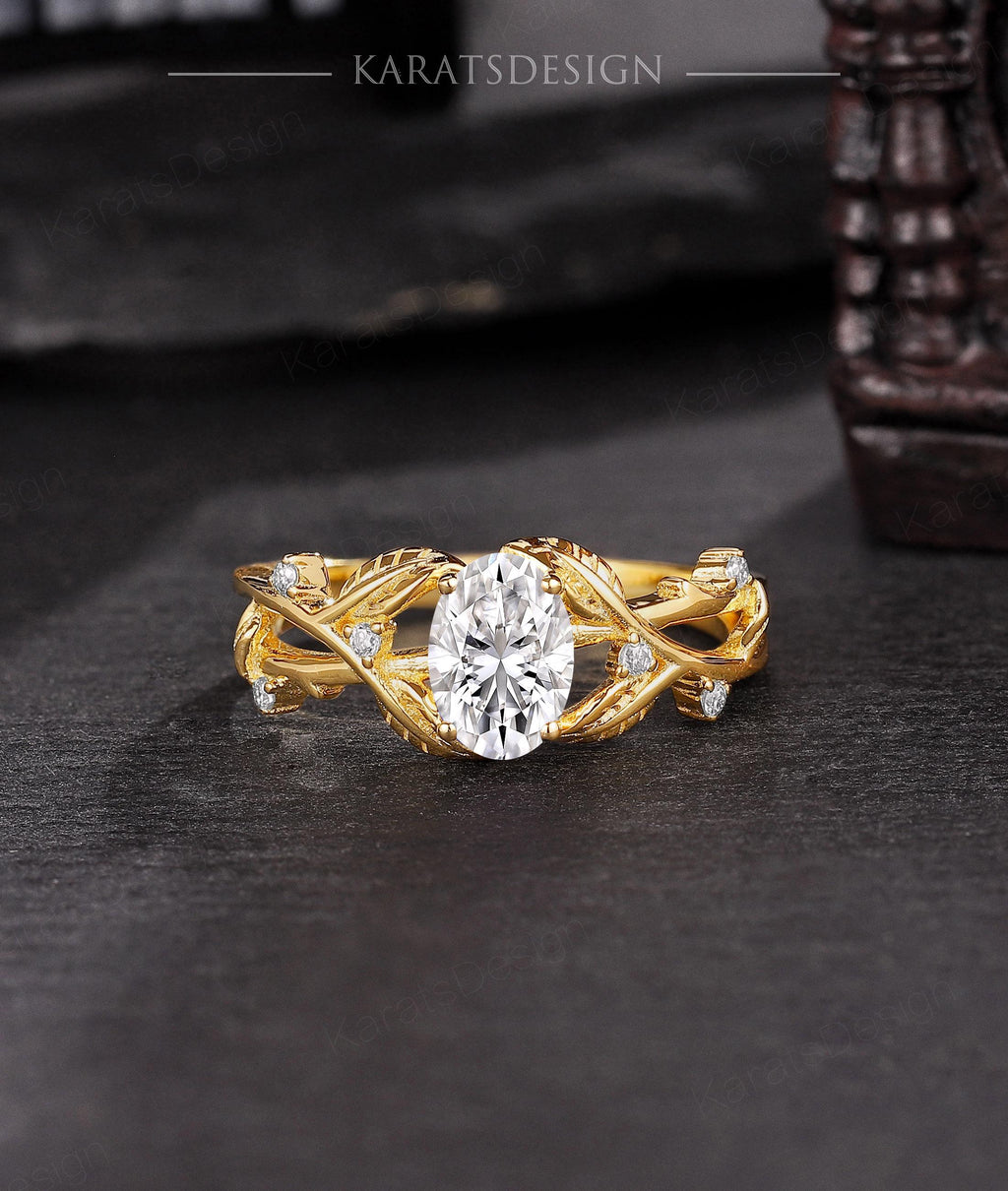 Nymeria Anillo de Ramas Vintage Diseño de Vides con Diamante lab Oval  1 Quilate