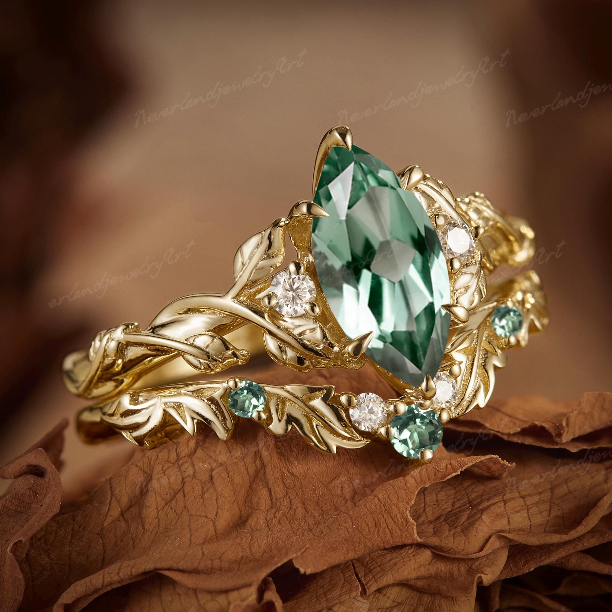 Calypso Set Nupcial Vintage ANILLO COMPROMISO 1 Quilate + ARGOLLA DE MATRIMONIO de Diamante Laboratorio Verde en Forma de Marquise
