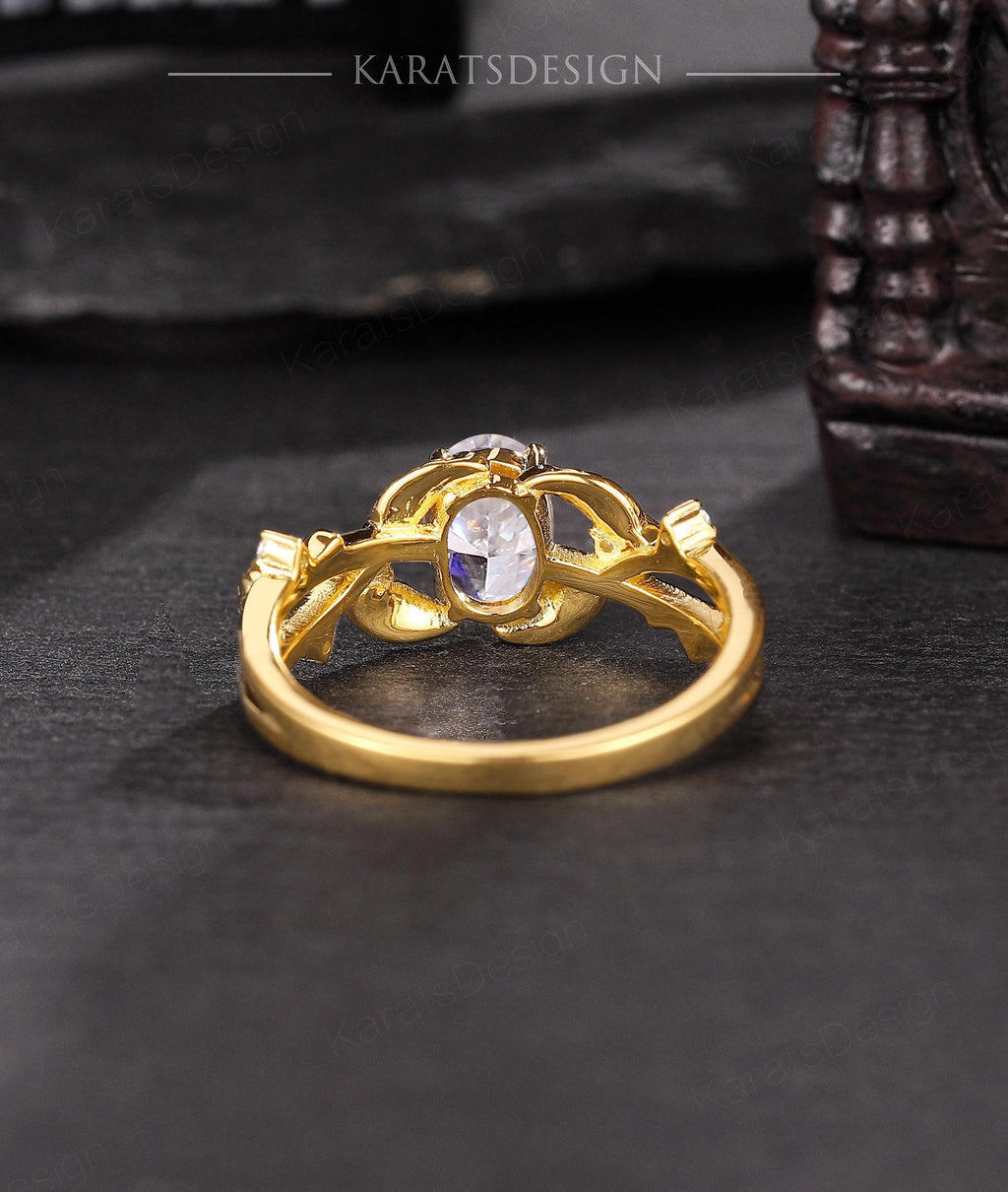 Nymeria Anillo de Ramas Vintage Diseño de Vides con Diamante lab Oval  1 Quilate