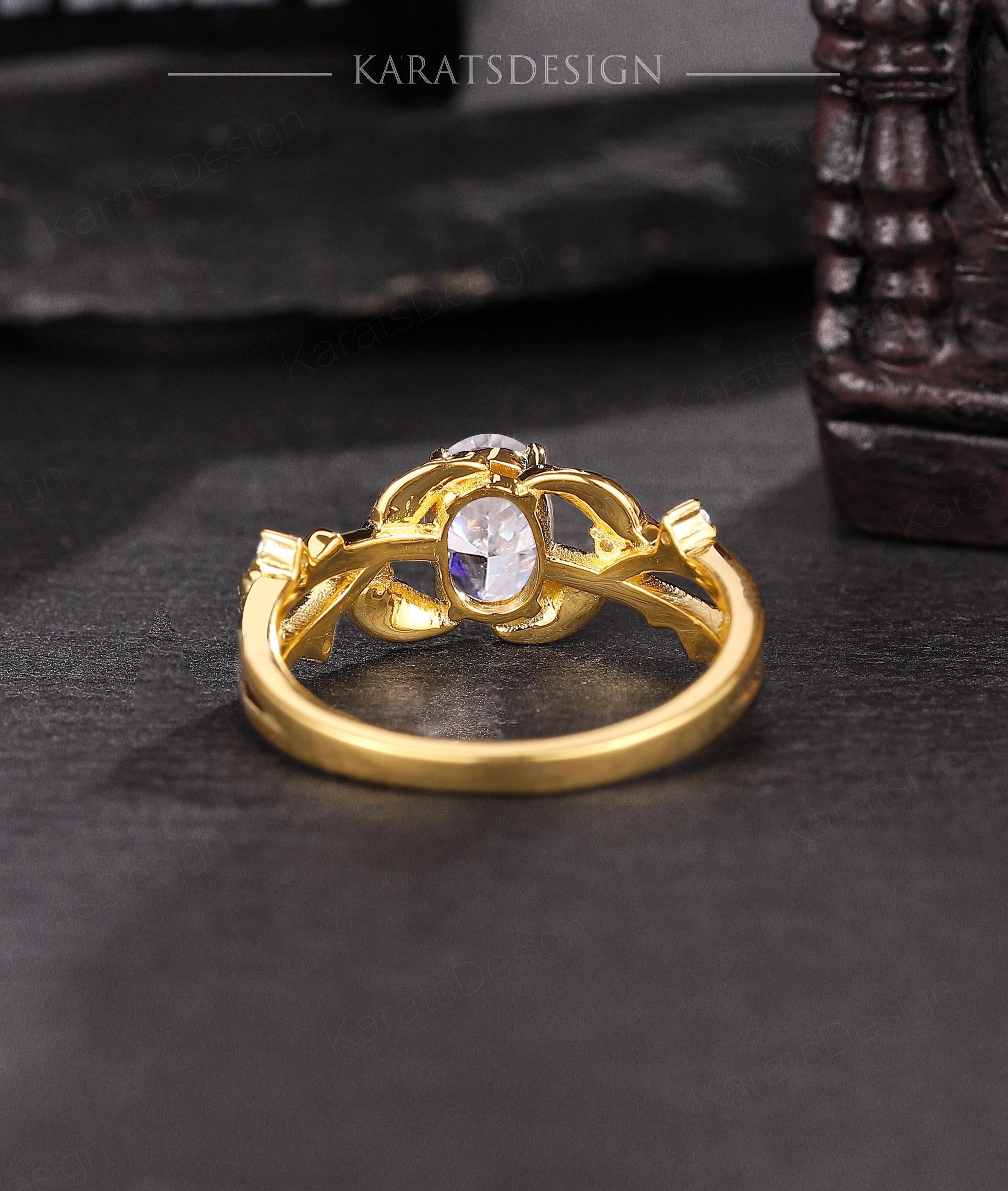 Nymeria Anillo de Ramas Vintage Diseño de Vides con Diamante lab Oval  1 Quilate