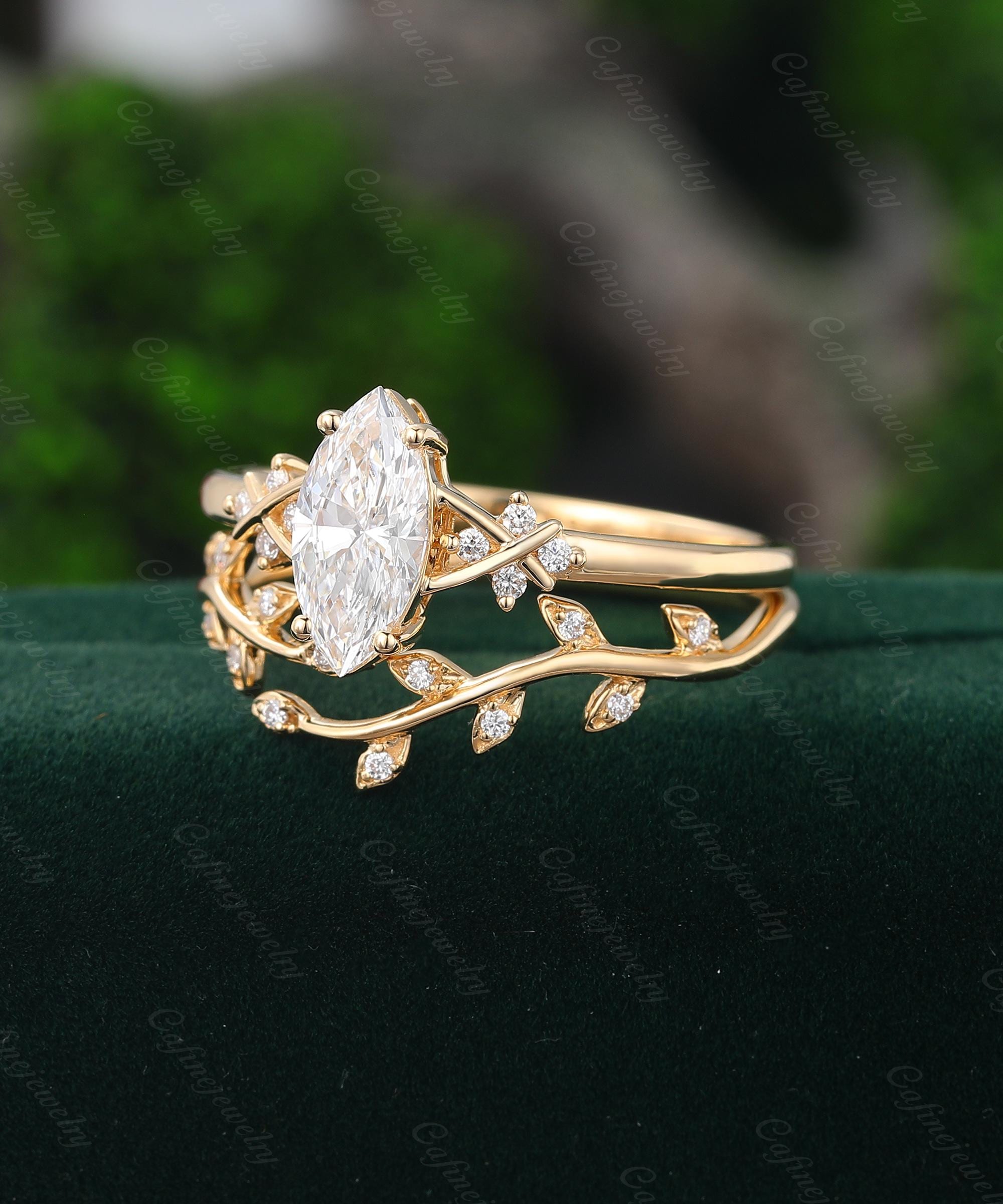 Alma del Bosque Set de anillos inspirado en la naturaleza Anillo de compromiso 1 ct diamante laboratorio oro 14 k