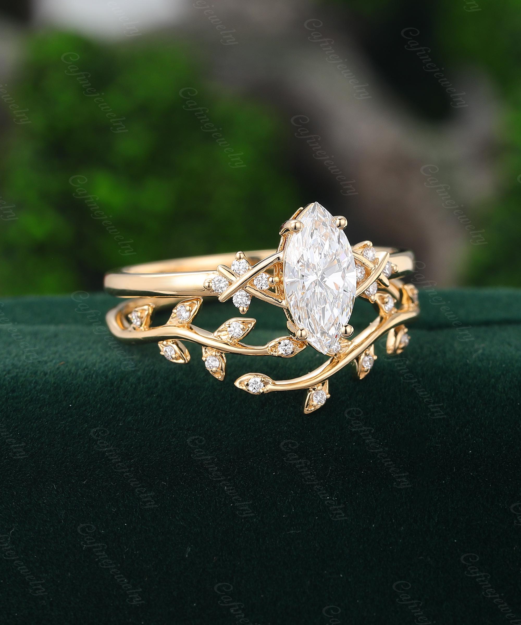 Alma del Bosque Set de anillos inspirado en la naturaleza Anillo de compromiso 1 ct diamante laboratorio oro 14 k