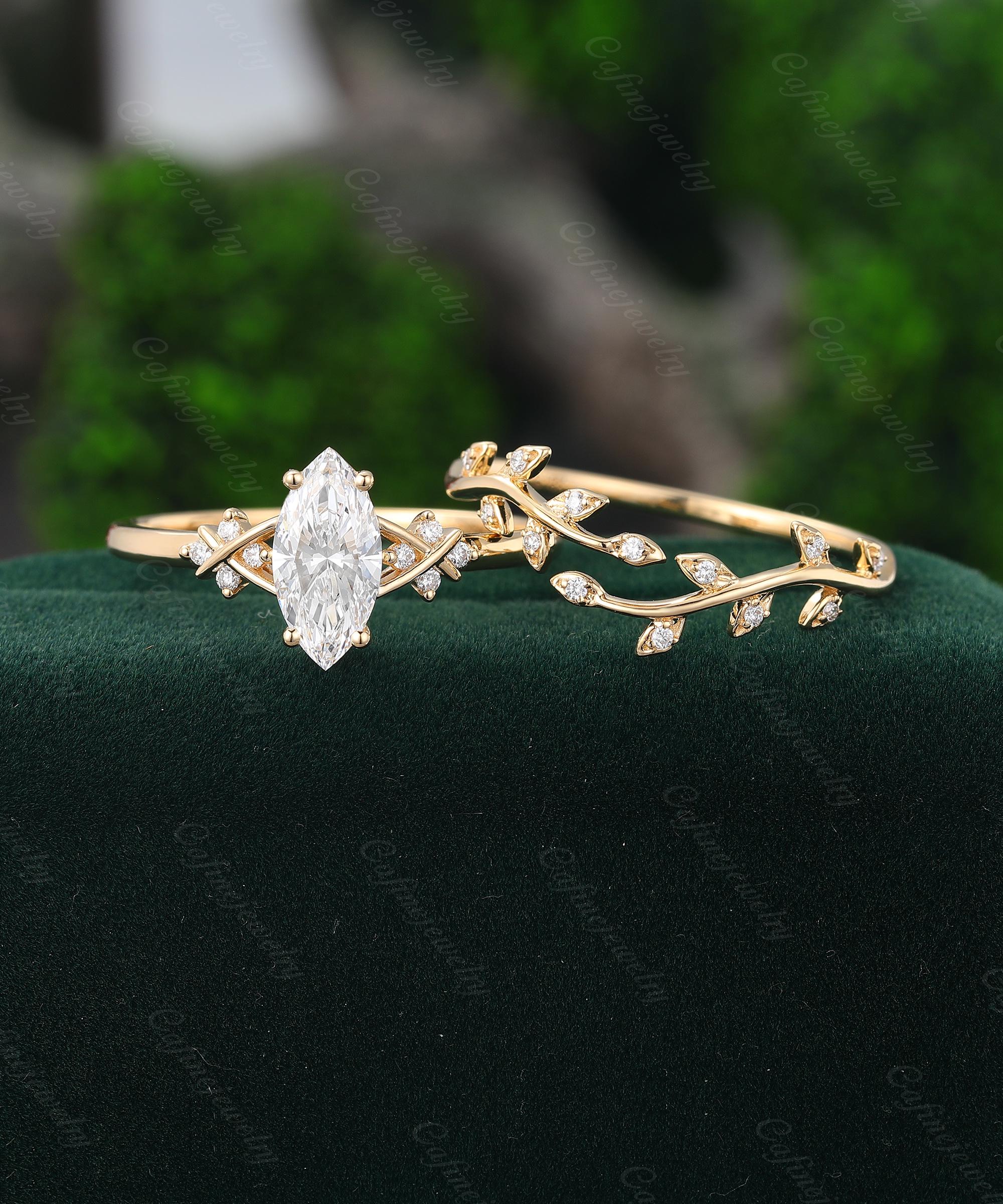 Alma del Bosque Set de anillos inspirado en la naturaleza Anillo de compromiso 1 ct diamante laboratorio oro 14 k