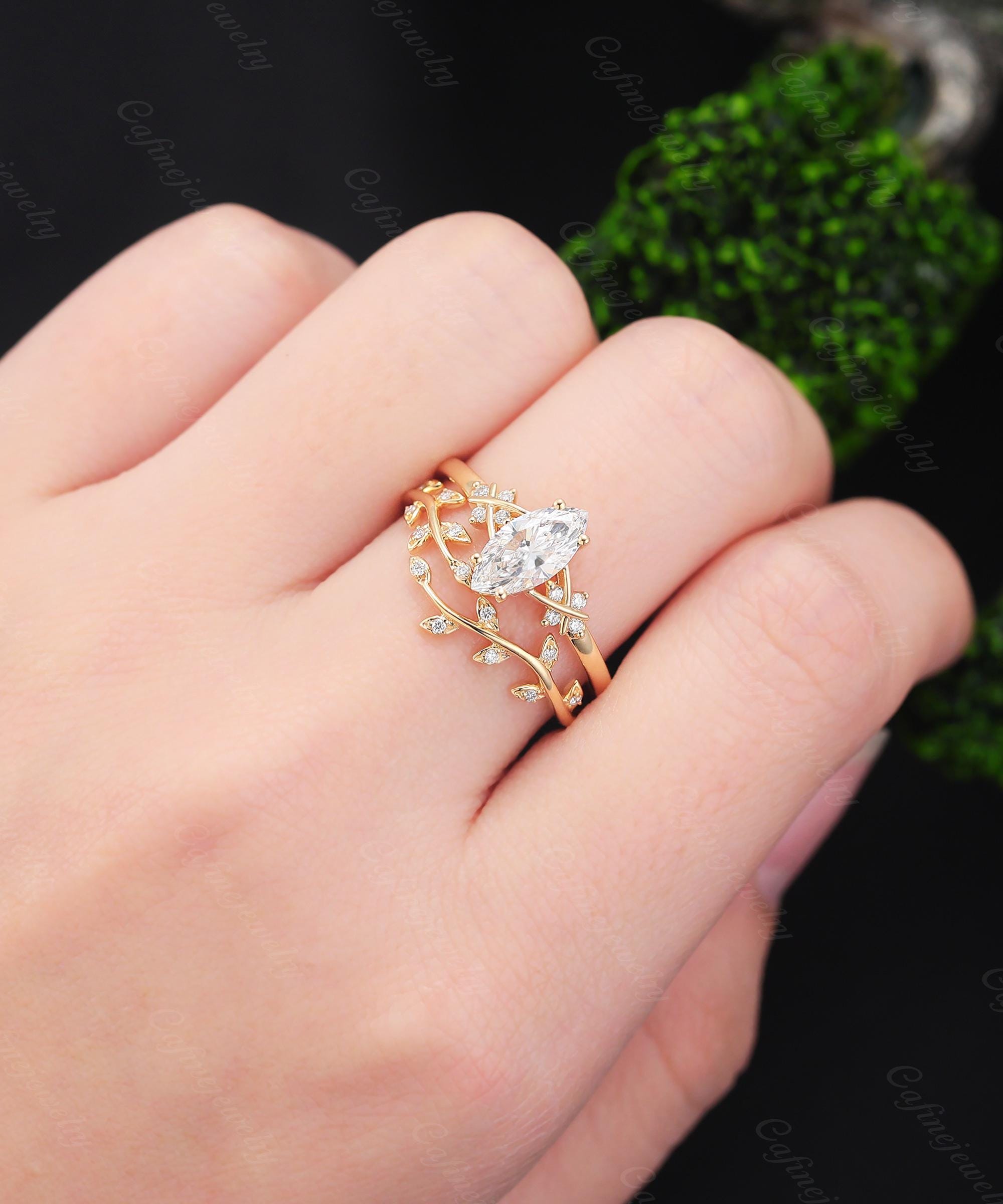 Alma del Bosque Set de anillos inspirado en la naturaleza Anillo de compromiso 1 ct diamante laboratorio oro 14 k