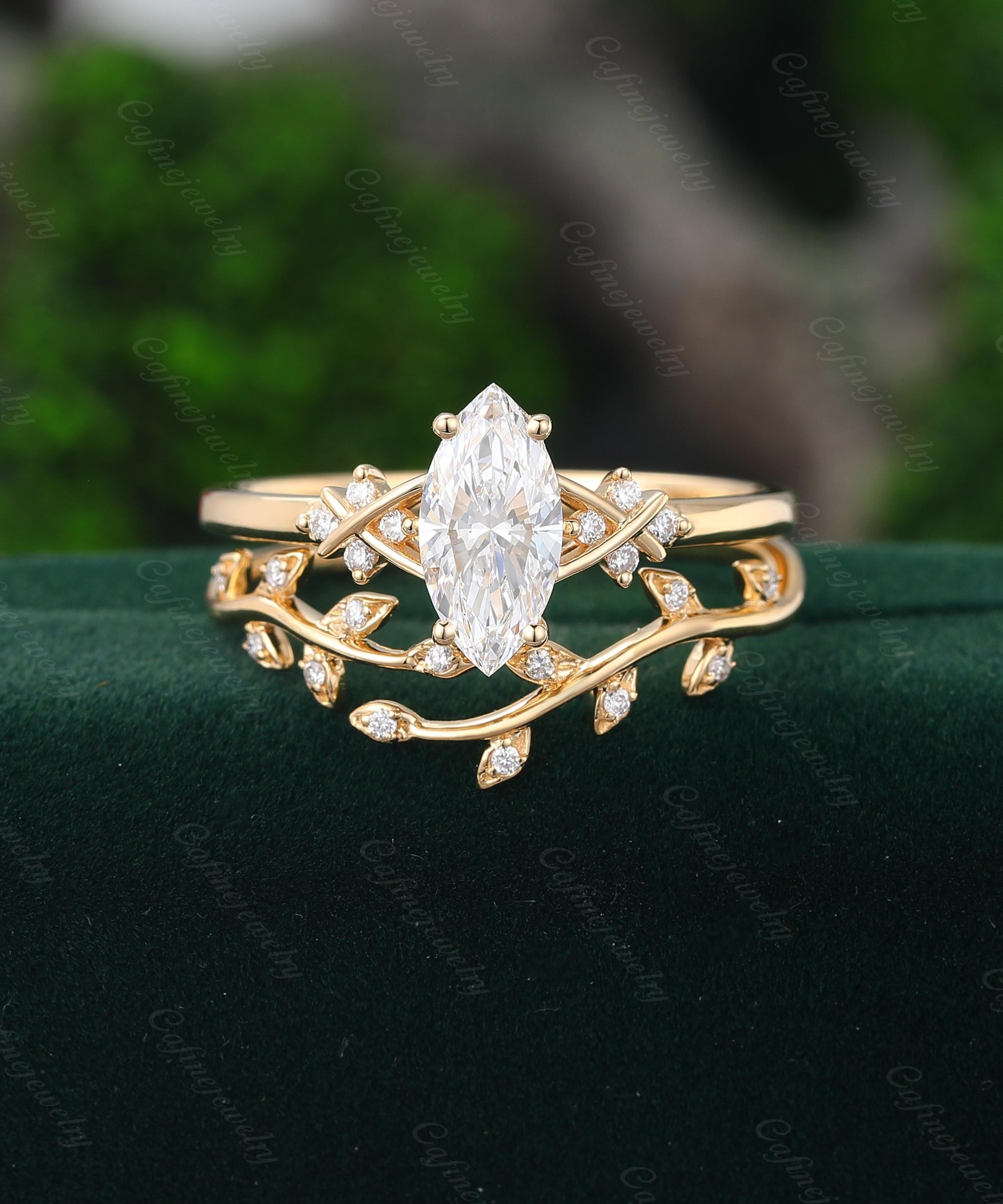 Alma del Bosque Set de anillos inspirado en la naturaleza Anillo de compromiso 1 ct diamante laboratorio oro 14 k