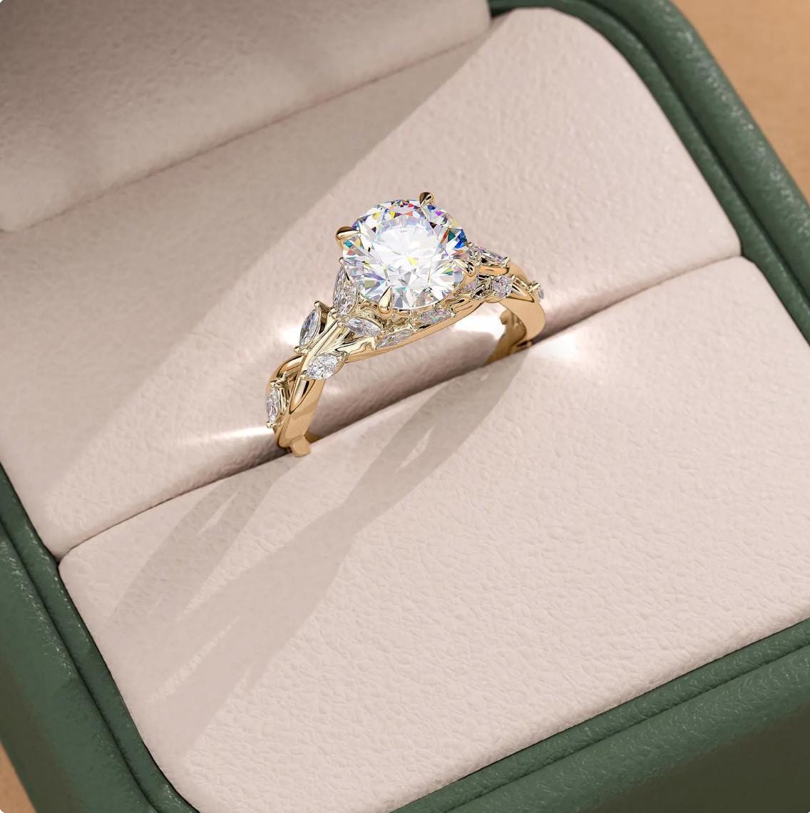 Kaya Anillo de Diamante Creado en Laboratorio de 2.00ct: Anillo de Boda de Vides de Hoja de Oro de 14k