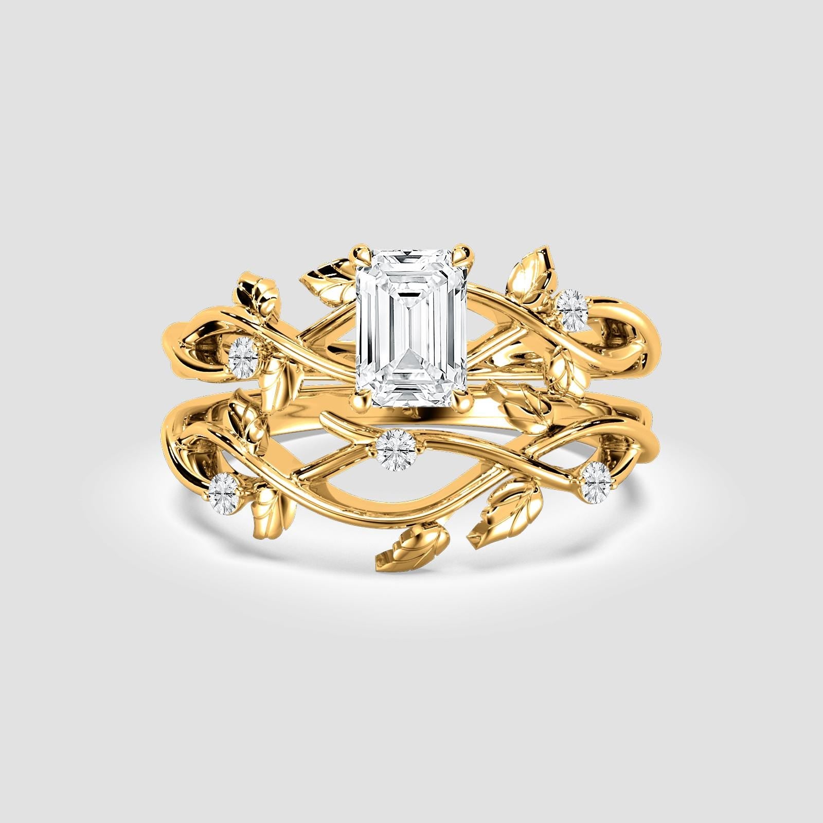 Jardín Secreto Set Nupcial Anillo de Compromiso + Argolla de Matrimonio en oro de 14 Kilates con Diamante de Laboratorio 1 ct