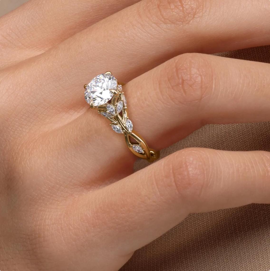 Kaya Anillo de Diamante Creado en Laboratorio de 2.00ct: Anillo de Boda de Vides de Hoja de Oro de 14k