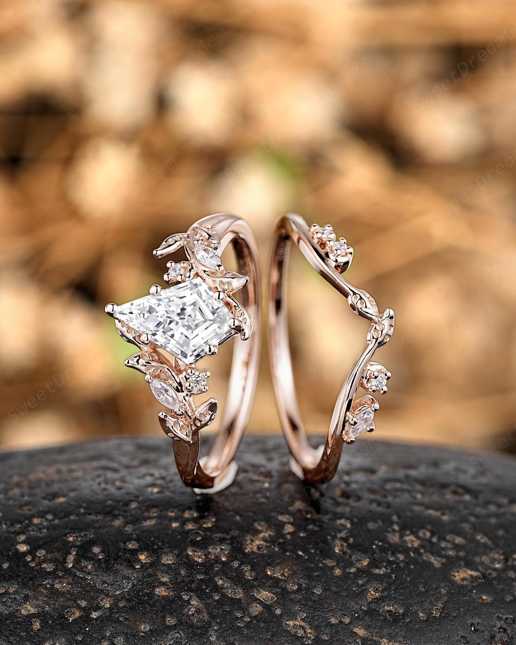 Juno Conjunto inspirado en la Naturaleza Anillo de Compromiso 1 Quilate + Argolla Diamantes de Laboratorio oro de 14 kilates