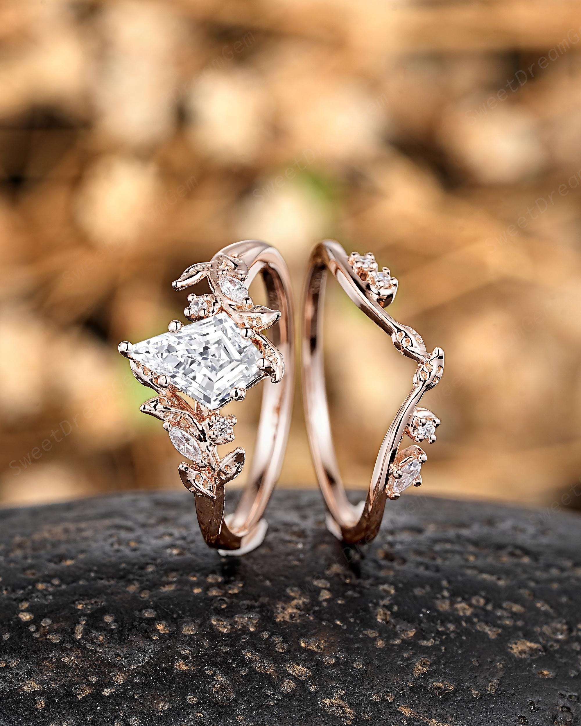 Juno Conjunto inspirado en la Naturaleza Anillo de Compromiso 1 Quilate + Argolla Diamantes de Laboratorio oro de 14 kilates