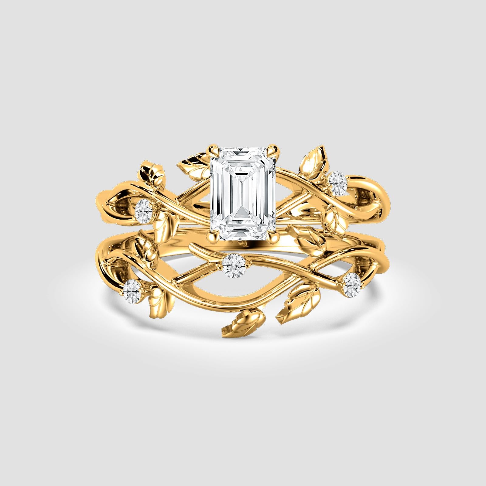 Jardín Secreto Set Nupcial Anillo de Compromiso + Argolla de Matrimonio en oro de 14 Kilates con Diamante de Laboratorio 1 ct