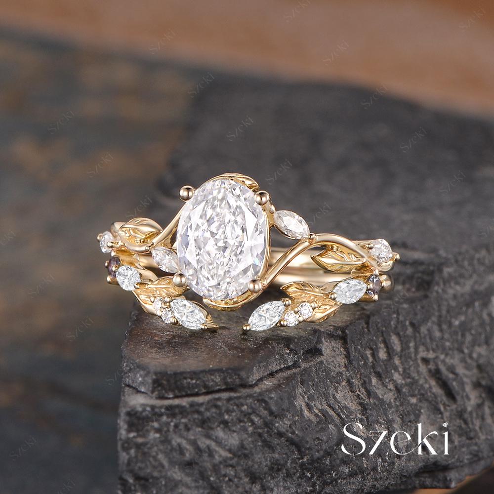 Eco del Amanecer Conjunto Nupcial Hoja de Vid de oro 14 kilates Diamante Oval1.5 ct