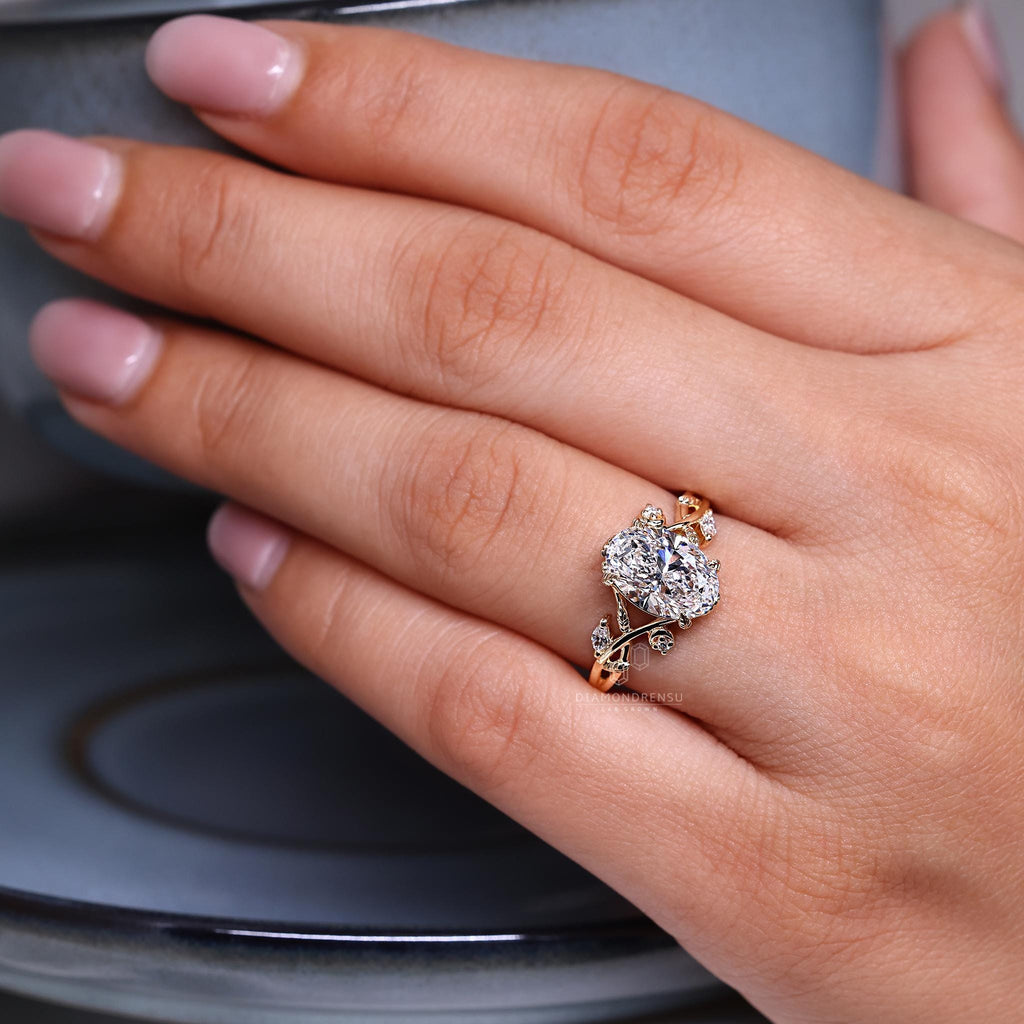 Saria 3 ct Anillo de Compromiso Inspirado en la Naturaleza con Diamante Oval Cortado Certificado, Diseño de Hojas y Pétalos