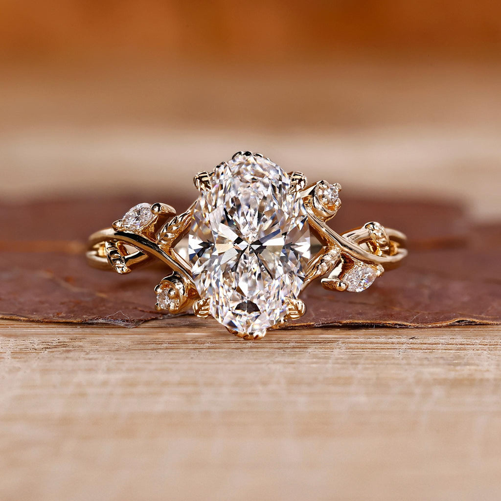 Saria 3 ct Anillo de Compromiso Inspirado en la Naturaleza con Diamante Oval Cortado Certificado, Diseño de Hojas y Pétalos
