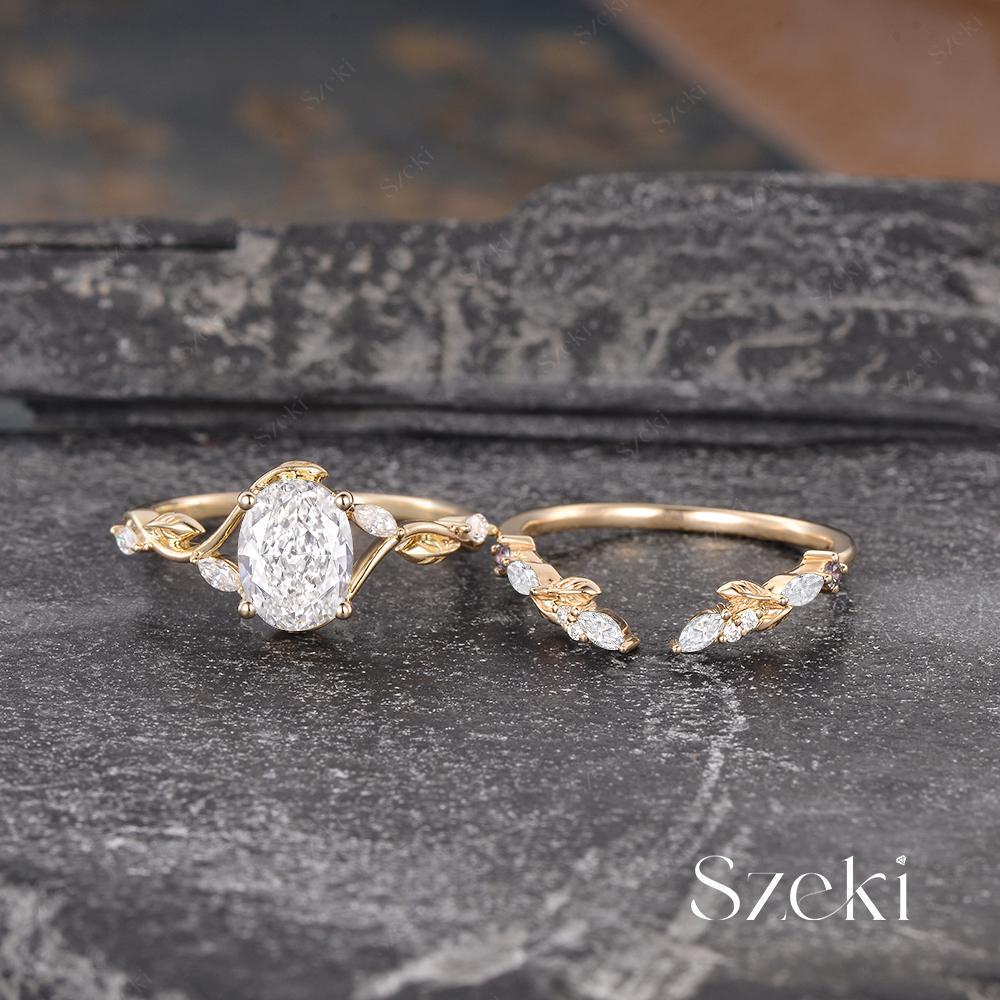 Eco del Amanecer Conjunto Nupcial Hoja de Vid de oro 14 kilates Diamante Oval1.5 ct