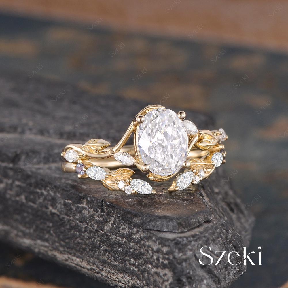 Eco del Amanecer Conjunto Nupcial Hoja de Vid de oro 14 kilates Diamante Oval1.5 ct