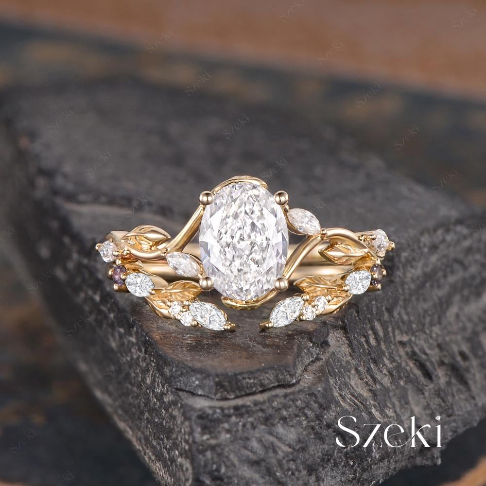 Eco del Amanecer Conjunto Nupcial Hoja de Vid de oro 14 kilates Diamante Oval1.5 ct