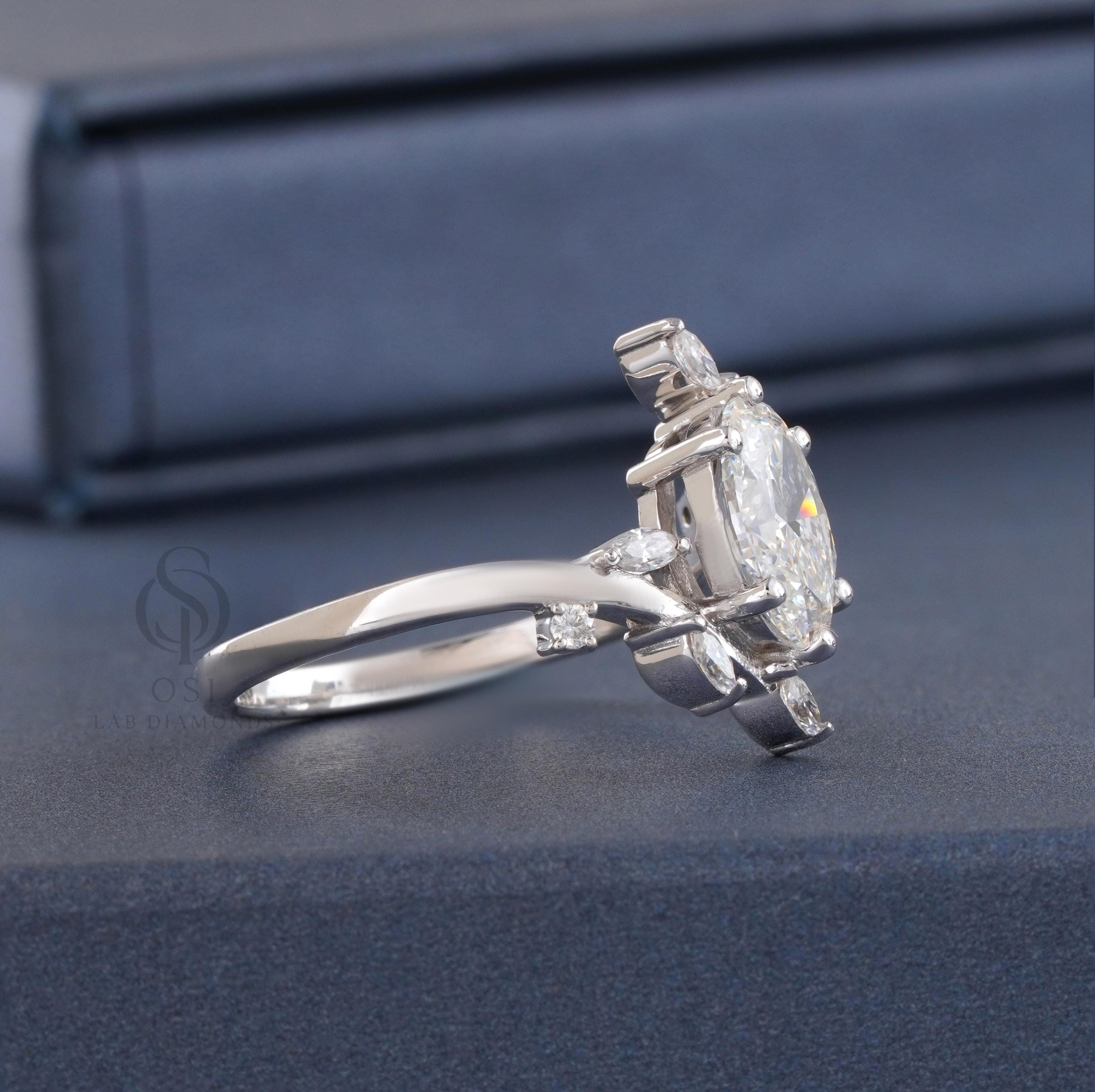 Aurora Anillo de Compromiso de Diamante Ovalado Creado en Laboratorio de 1.50ct: Solitario de Hoja y Vid